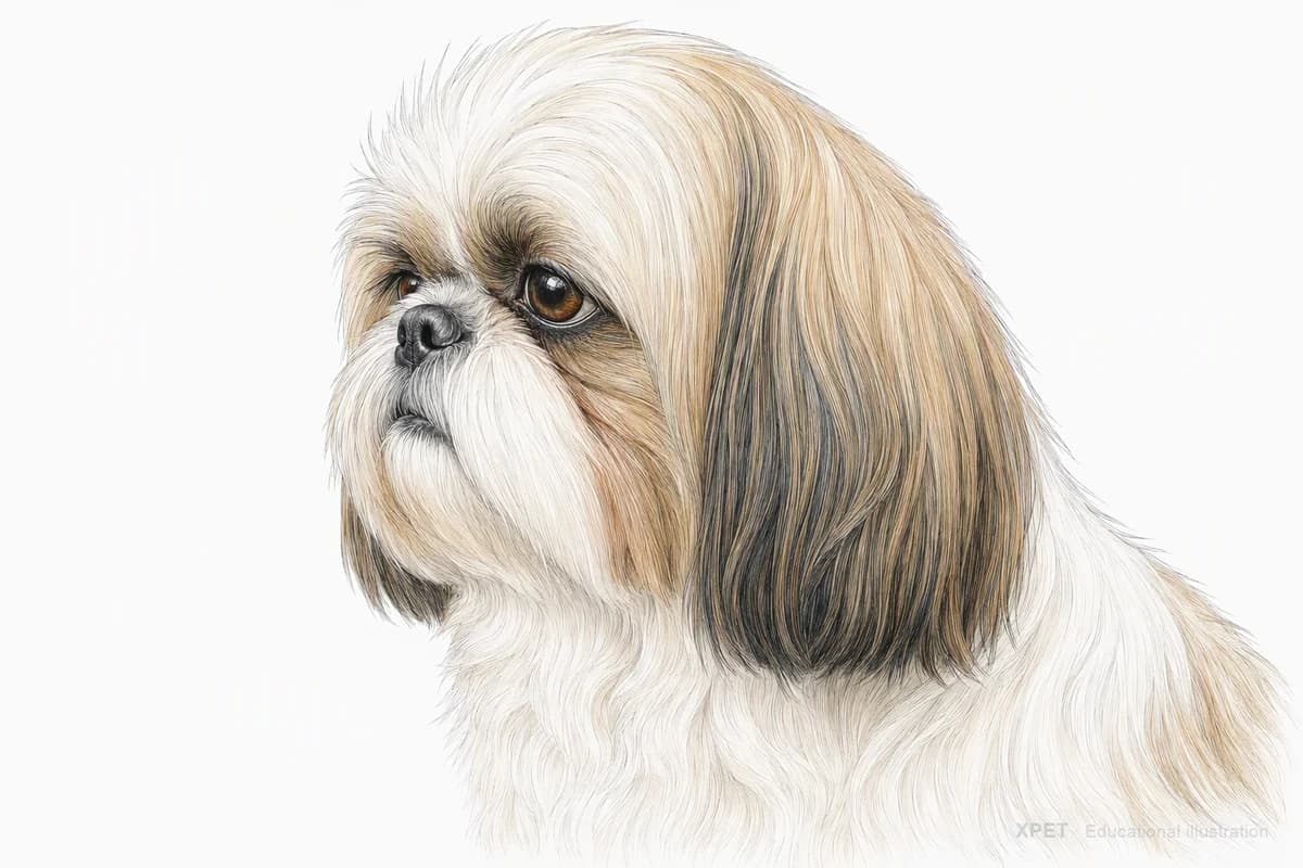 Original XPET engraving and watercolor illustration of Shih Tzu: a head and coat detail study.