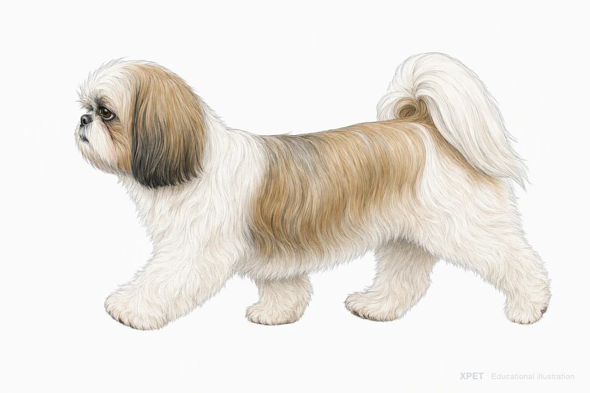 Original XPET engraving and watercolor illustration of Shih Tzu: a natural movement study.
