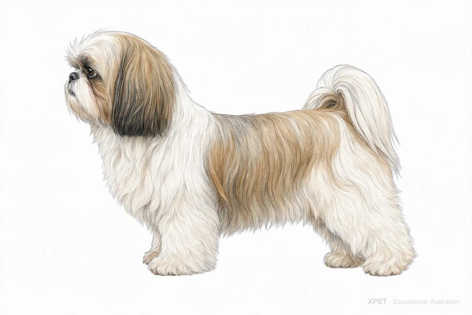 Original XPET engraving and watercolor illustration of Shih Tzu: an adult in left-facing profile.