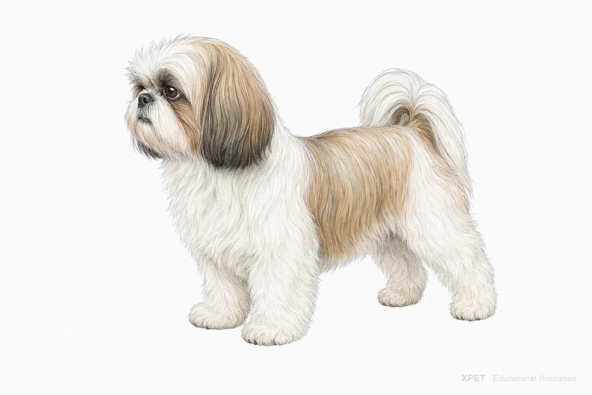 Original XPET engraving and watercolor illustration of Shih Tzu: a complete three-quarter standing view.