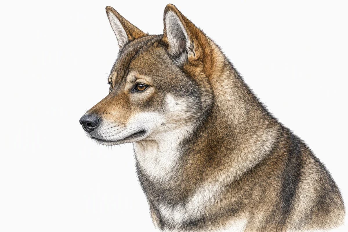 Original XPET engraving and watercolor illustration of Shikoku Inu: a head and coat detail study.