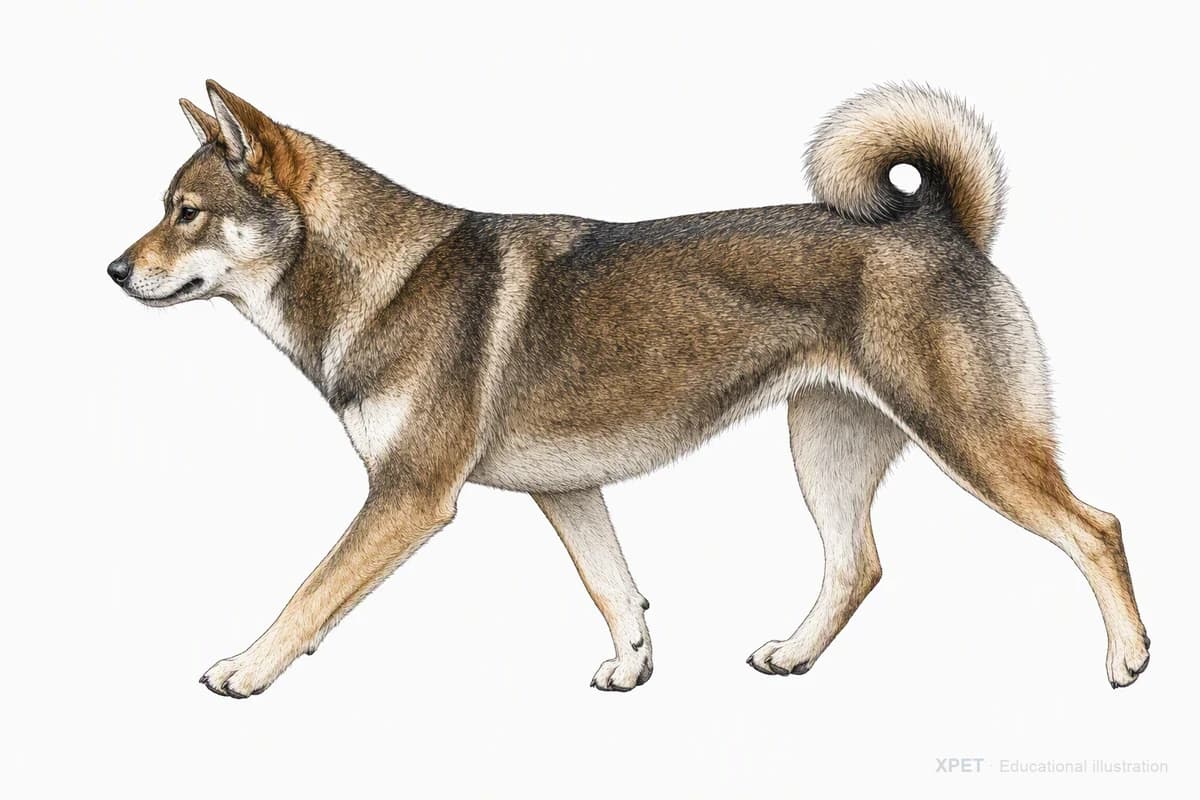 Original XPET engraving and watercolor illustration of Shikoku Inu: a natural movement study.