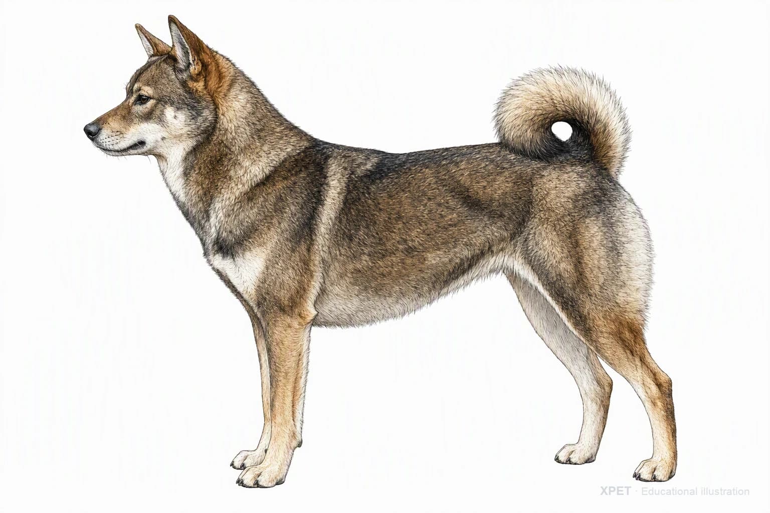 Original XPET engraving and watercolor illustration of Shikoku Inu: an adult in left-facing profile.
