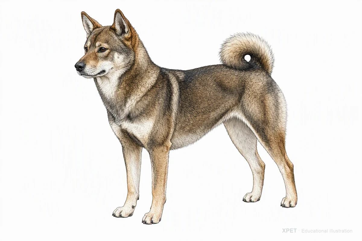 Original XPET engraving and watercolor illustration of Shikoku Inu: a complete three-quarter standing view.