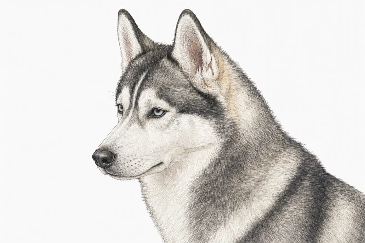 Original XPET engraving and watercolor illustration of Siberian Husky: a head and coat detail study.