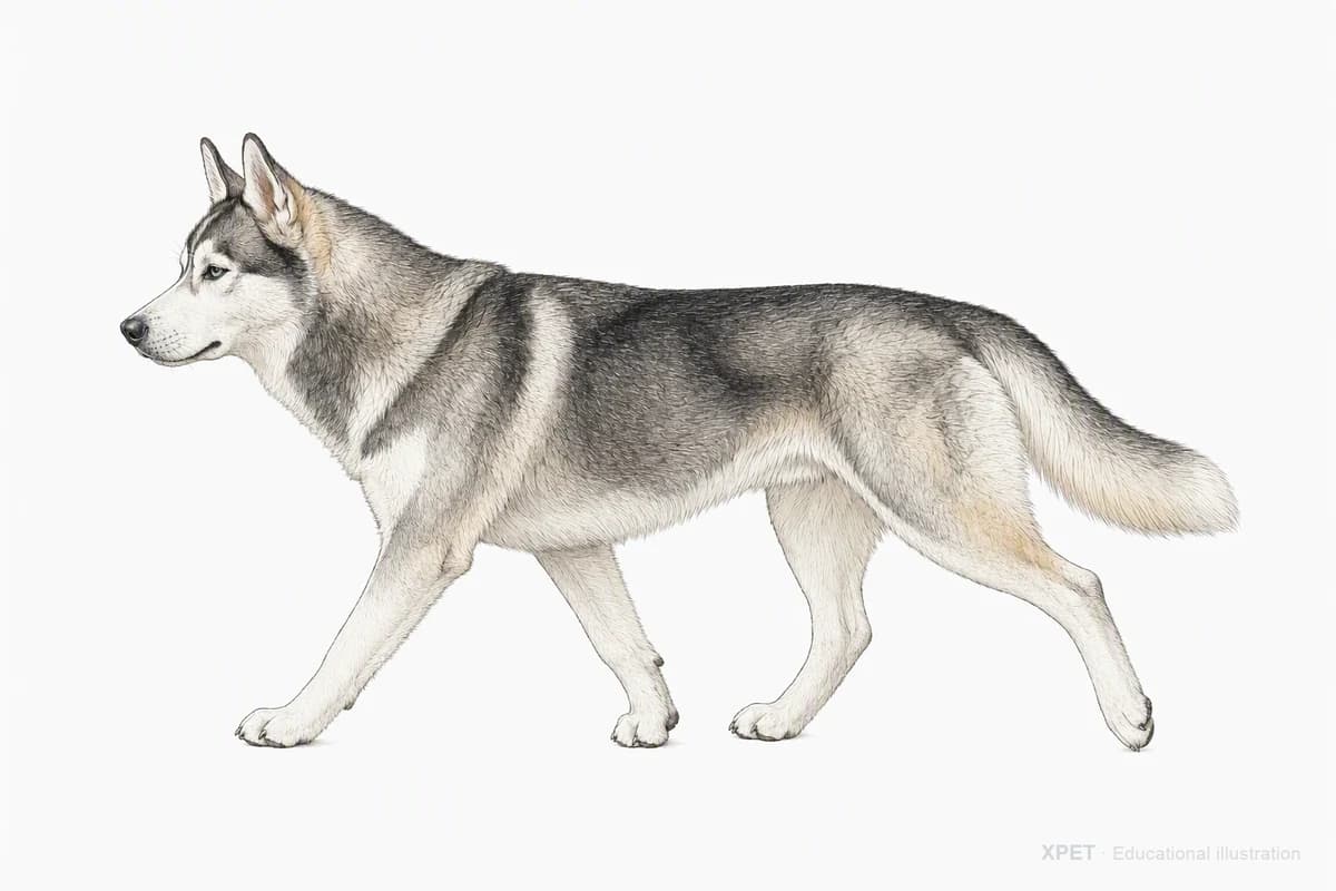 Original XPET engraving and watercolor illustration of Siberian Husky: a natural movement study.