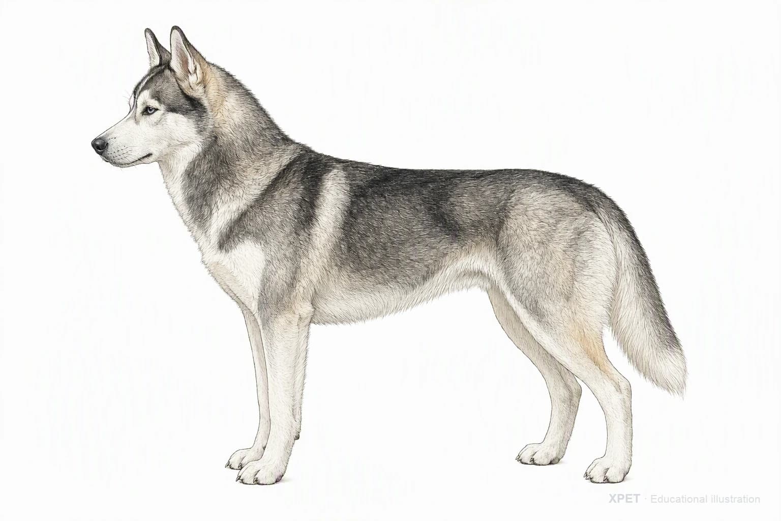 Original XPET engraving and watercolor illustration of Siberian Husky: an adult in left-facing profile.