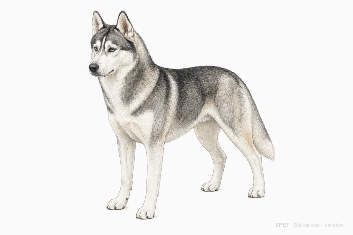 Original XPET engraving and watercolor illustration of Siberian Husky: a complete three-quarter standing view.