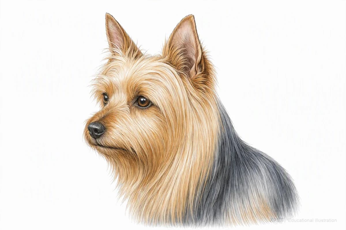 Original XPET engraving and watercolor illustration of Silky Terrier: a head and coat detail study.