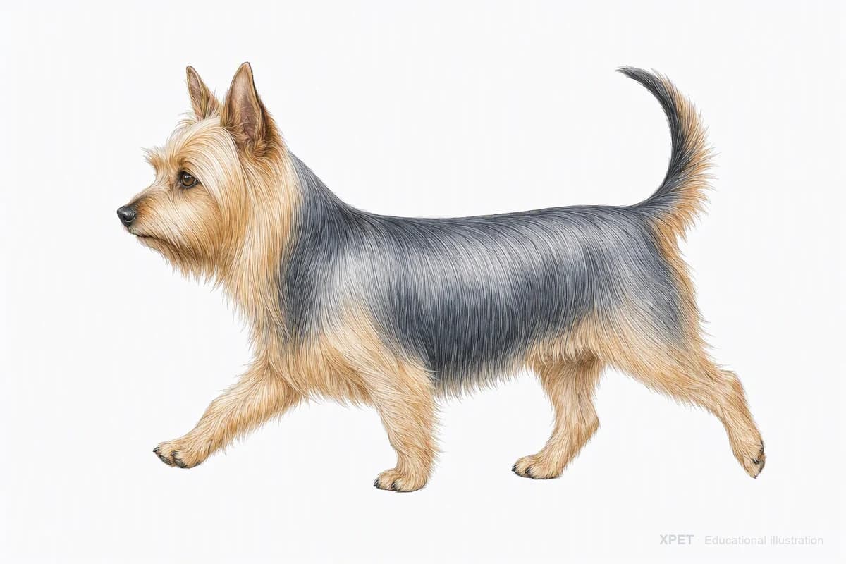 Original XPET engraving and watercolor illustration of Silky Terrier: a natural movement study.