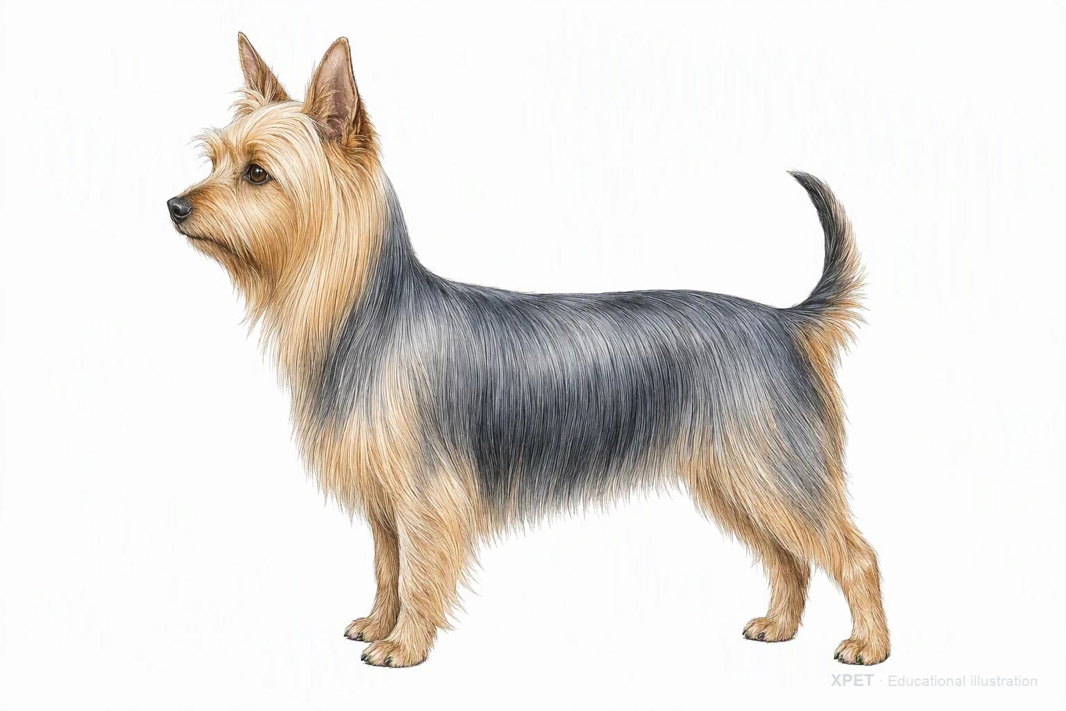 Original XPET engraving and watercolor illustration of Silky Terrier: an adult in left-facing profile.