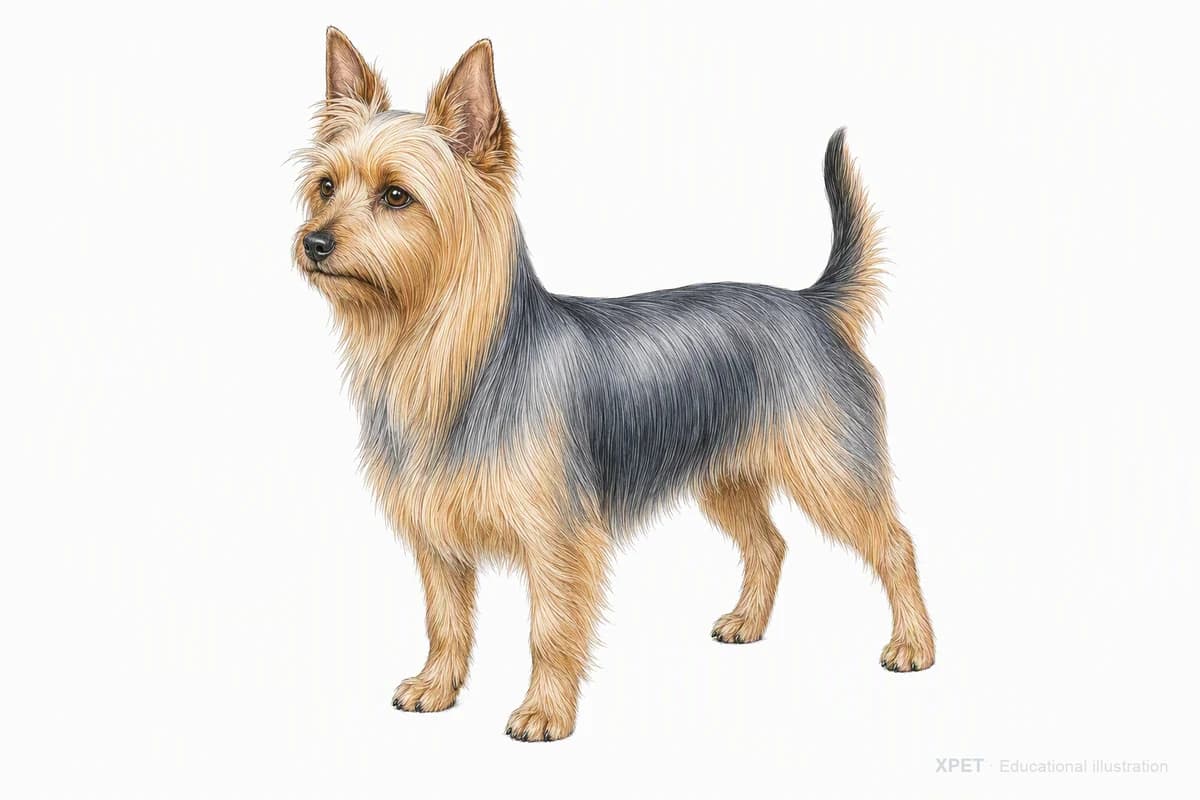 Original XPET engraving and watercolor illustration of Silky Terrier: a complete three-quarter standing view.
