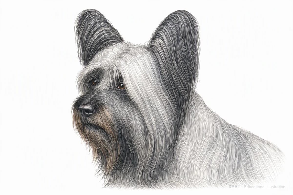 Original XPET engraving and watercolor illustration of Skye Terrier: a head and coat detail study.