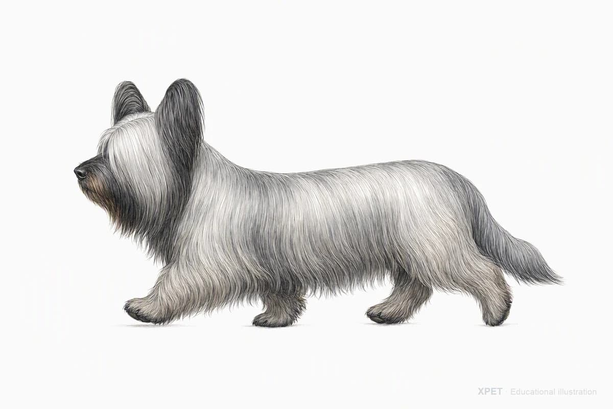Original XPET engraving and watercolor illustration of Skye Terrier: a natural movement study.