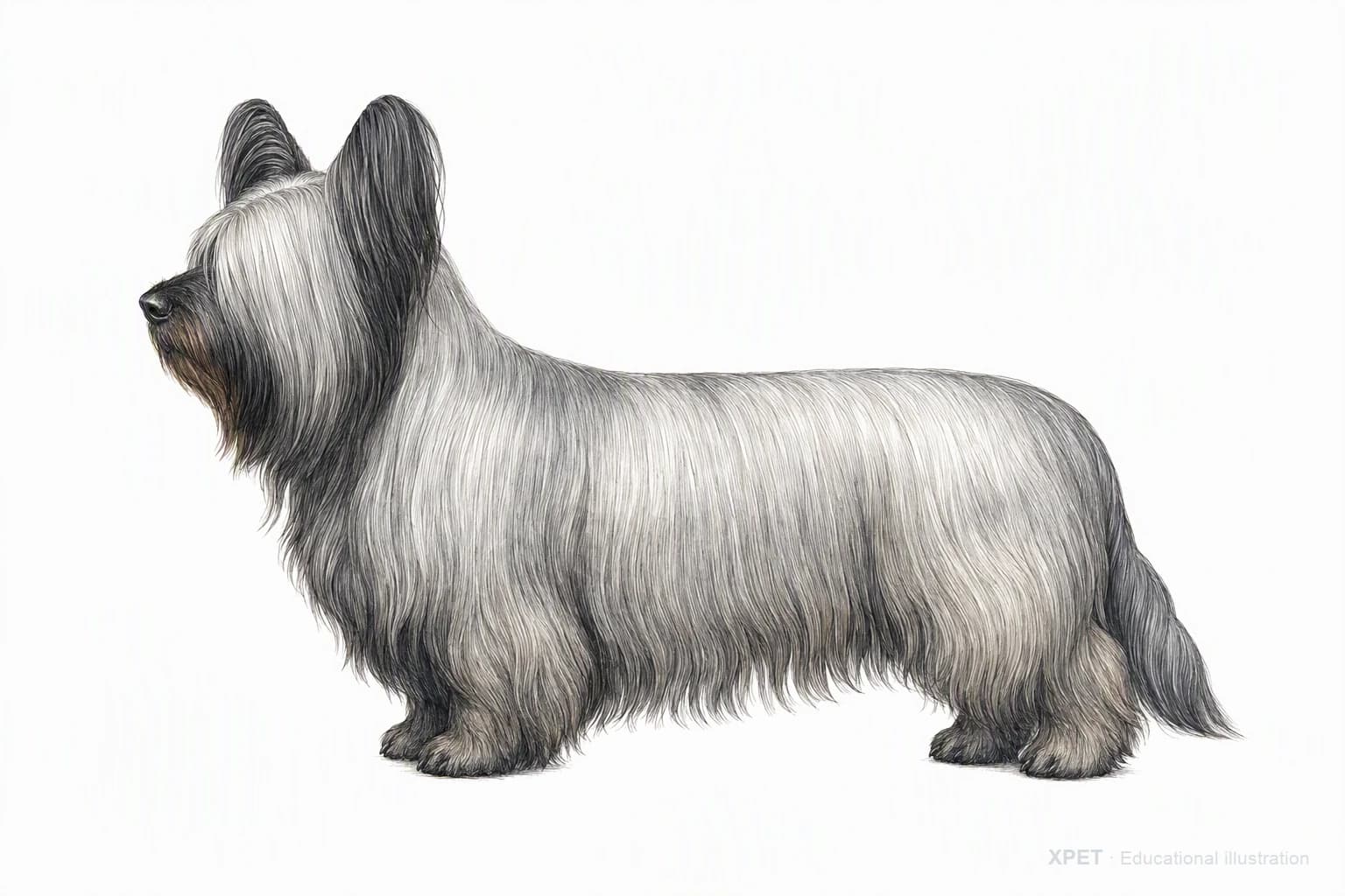 Original XPET engraving and watercolor illustration of Skye Terrier: an adult in left-facing profile.