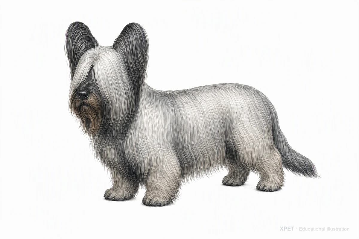 Original XPET engraving and watercolor illustration of Skye Terrier: a complete three-quarter standing view.