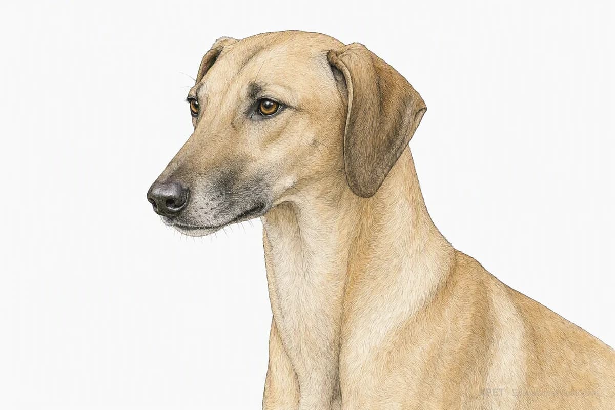 Original XPET engraving and watercolor illustration of Sloughi: a head and coat detail study.