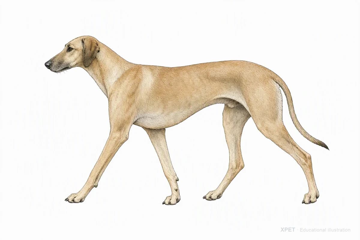 Original XPET engraving and watercolor illustration of Sloughi: a natural movement study.