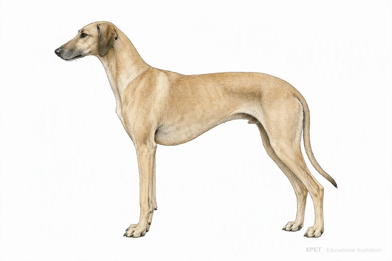 Original XPET engraving and watercolor illustration of Sloughi: an adult in left-facing profile.