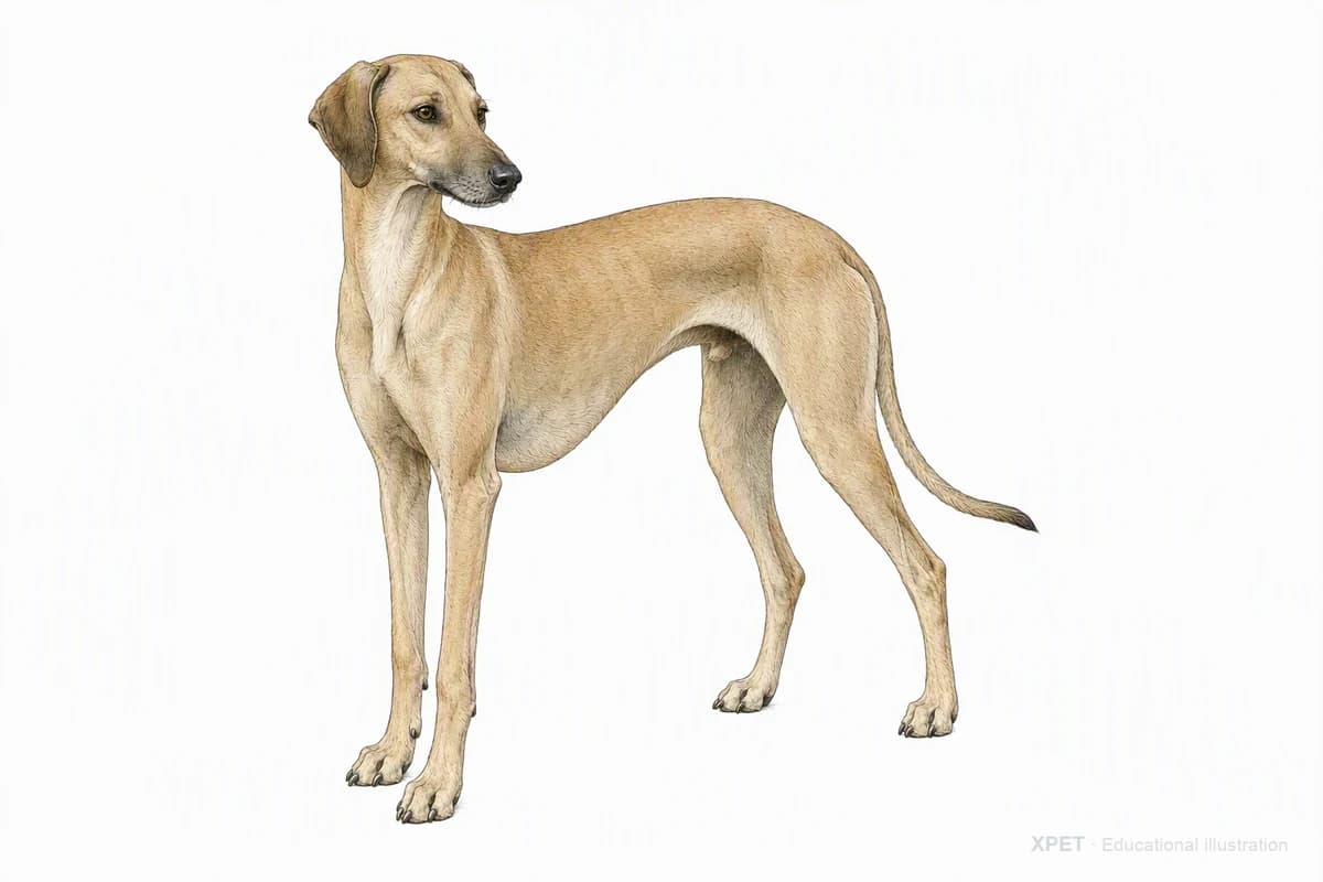 Original XPET engraving and watercolor illustration of Sloughi: a complete three-quarter standing view.