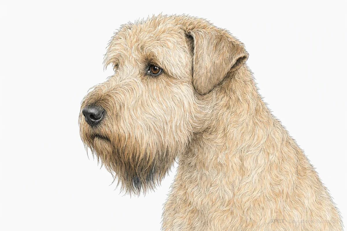 Original XPET engraving and watercolor illustration of Soft-Coated Wheaten Terrier: a head and coat detail study.