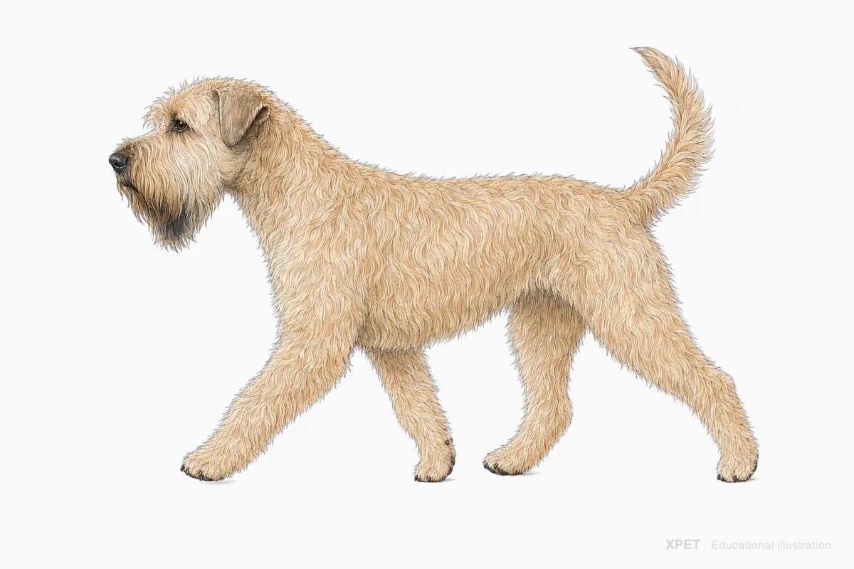 Original XPET engraving and watercolor illustration of Soft-Coated Wheaten Terrier: a natural movement study.