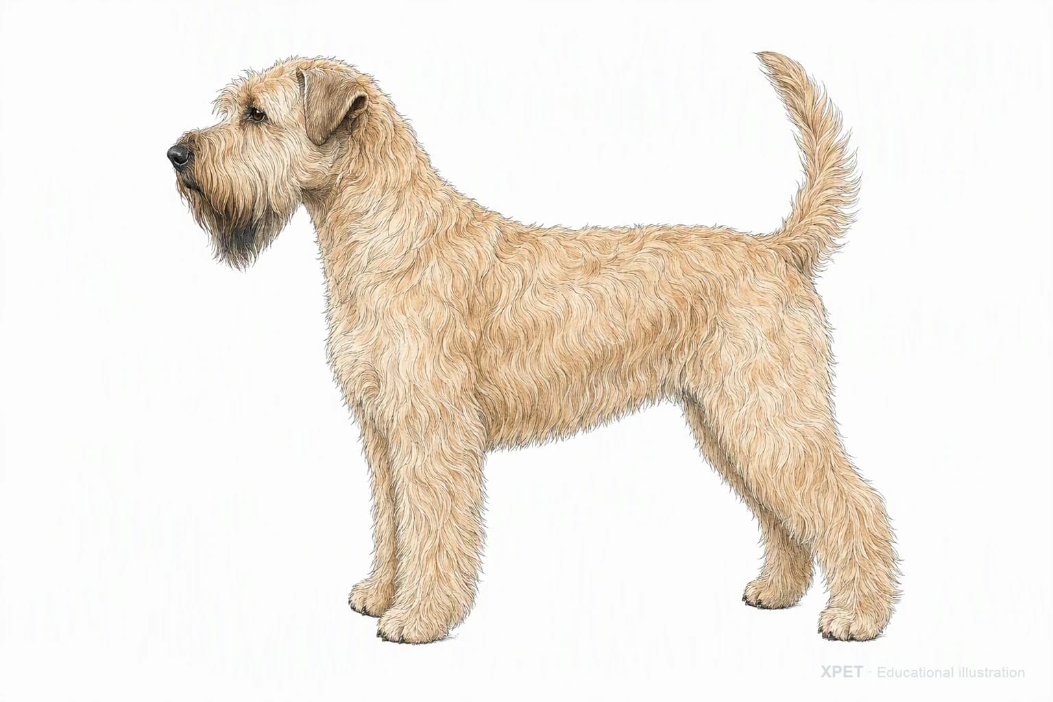 Original XPET engraving and watercolor illustration of Soft-Coated Wheaten Terrier: an adult in left-facing profile.