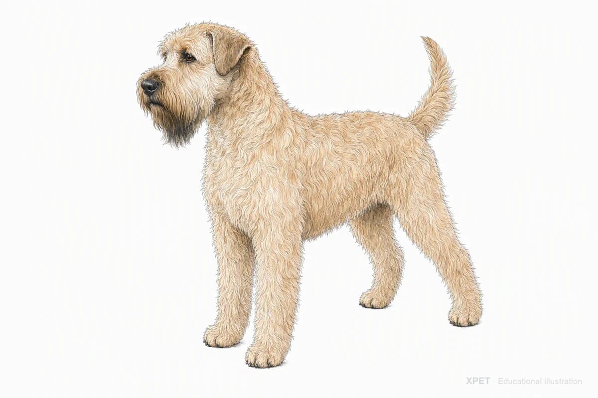 Original XPET engraving and watercolor illustration of Soft-Coated Wheaten Terrier: a complete three-quarter standing view.
