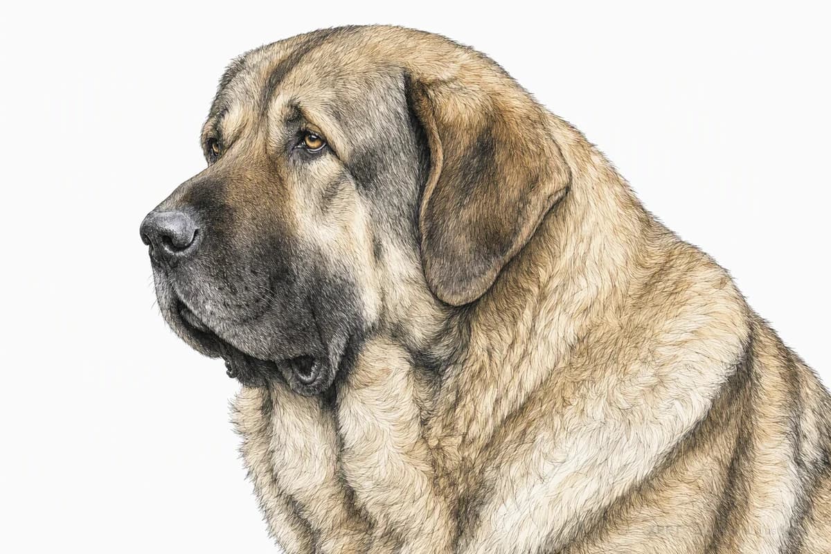 Original XPET engraving and watercolor illustration of Spanish Mastiff: a head and coat detail study.