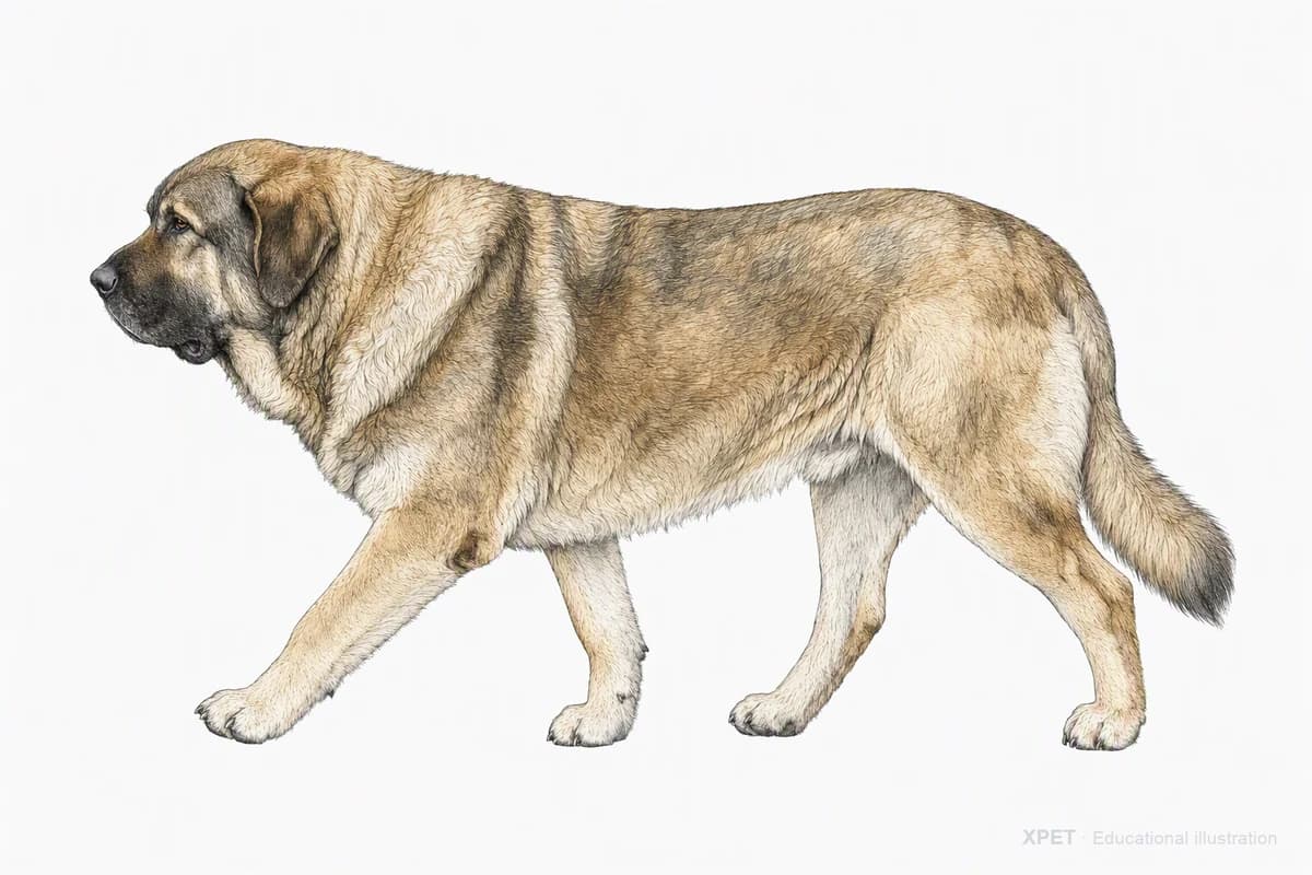 Original XPET engraving and watercolor illustration of Spanish Mastiff: a natural movement study.