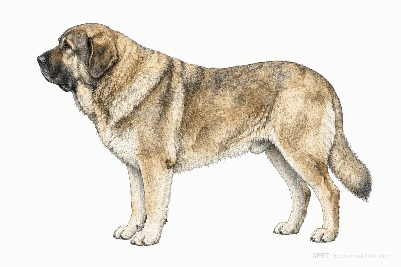 Original XPET engraving and watercolor illustration of Spanish Mastiff: an adult in left-facing profile.