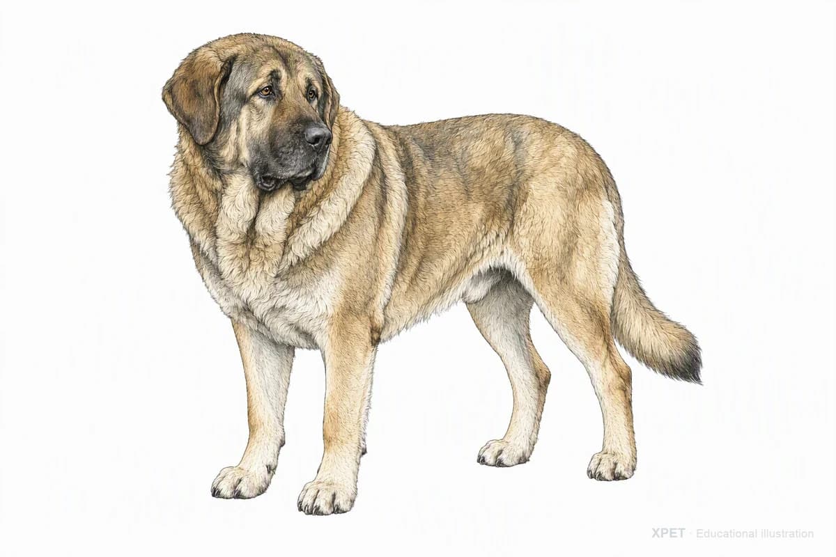 Original XPET engraving and watercolor illustration of Spanish Mastiff: a complete three-quarter standing view.
