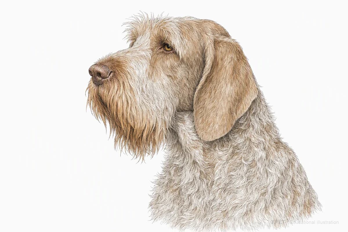 Original XPET engraving and watercolor illustration of Spinone Italiano: a head and coat detail study.