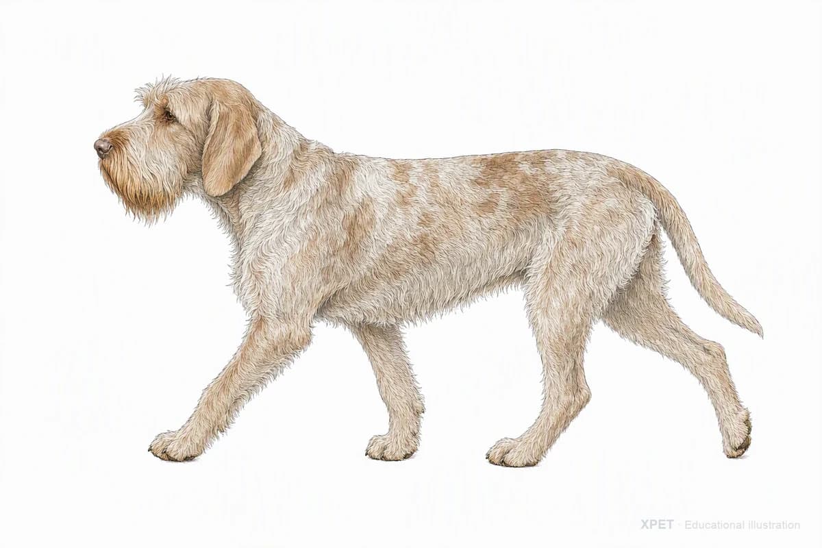 Original XPET engraving and watercolor illustration of Spinone Italiano: a natural movement study.