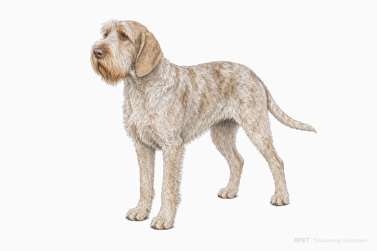 Original XPET engraving and watercolor illustration of Spinone Italiano: a complete three-quarter standing view.