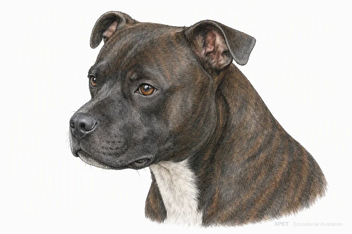 Original XPET engraving and watercolor illustration of Staffordshire Bull Terrier: a head and coat detail study.