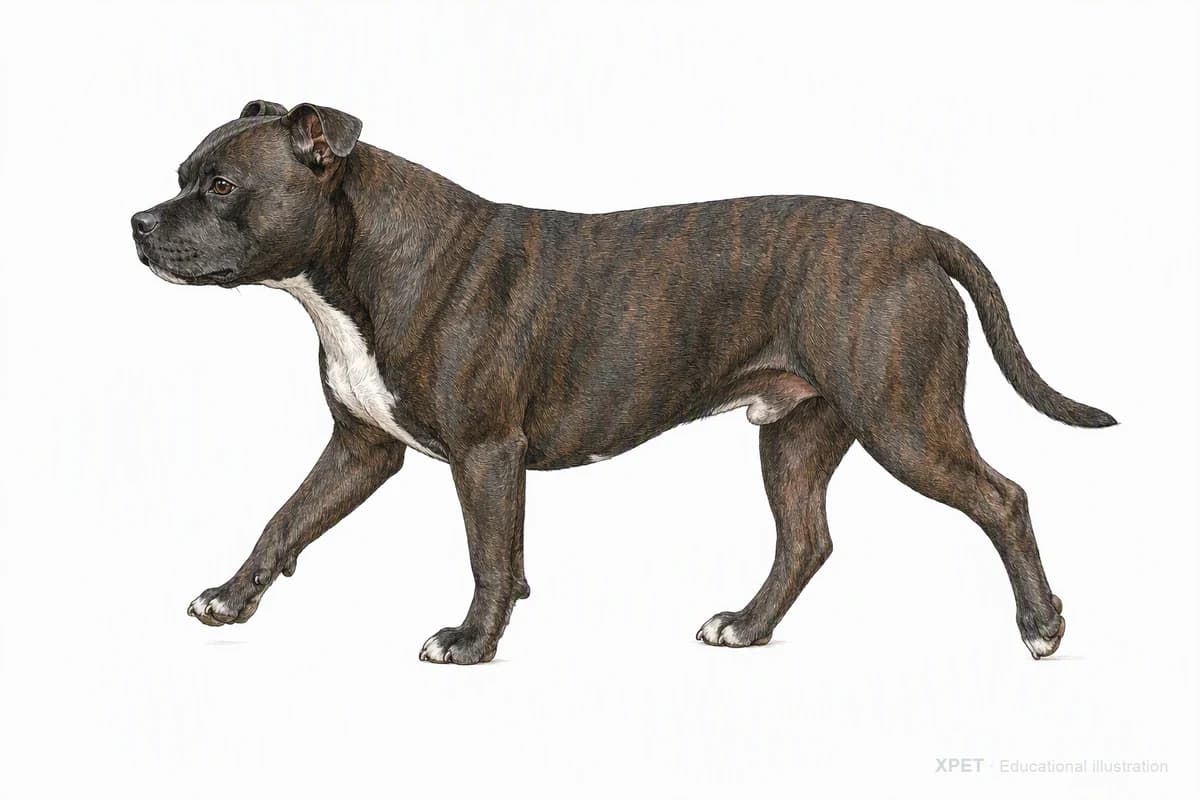 Original XPET engraving and watercolor illustration of Staffordshire Bull Terrier: a natural movement study.