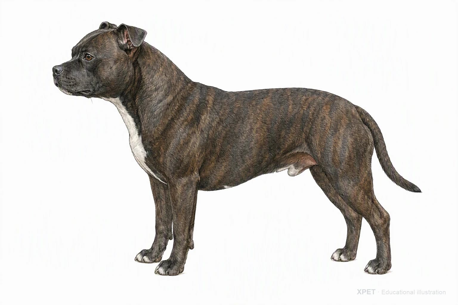 Original XPET engraving and watercolor illustration of Staffordshire Bull Terrier: an adult in left-facing profile.