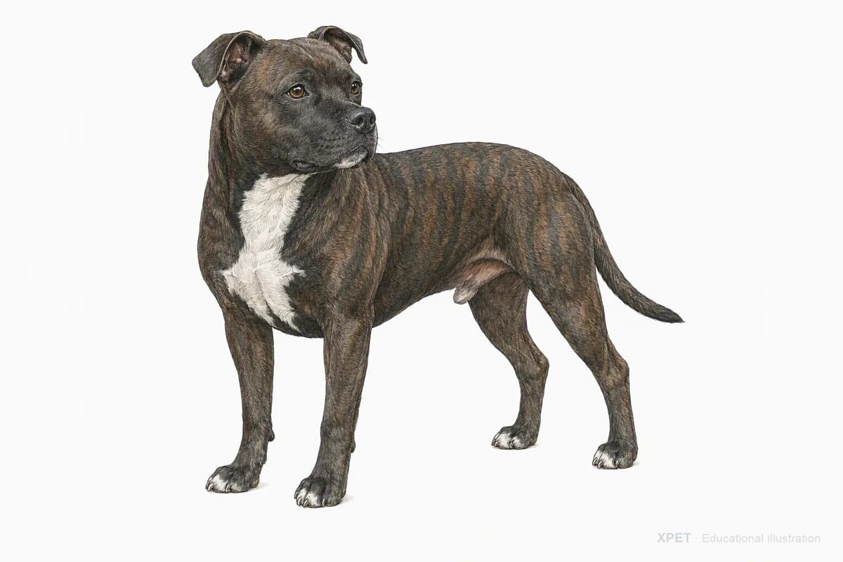 Original XPET engraving and watercolor illustration of Staffordshire Bull Terrier: a complete three-quarter standing view.
