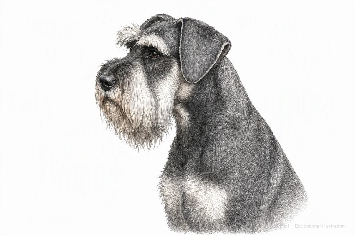 Original XPET engraving and watercolor illustration of Standard Schnauzer: a head and coat detail study.