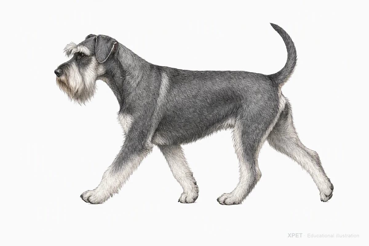 Original XPET engraving and watercolor illustration of Standard Schnauzer: a natural movement study.