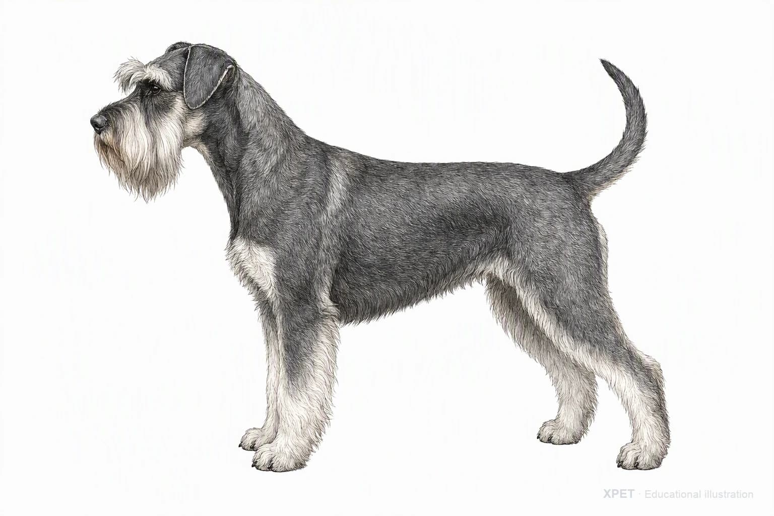 Original XPET engraving and watercolor illustration of Standard Schnauzer: an adult in left-facing profile.