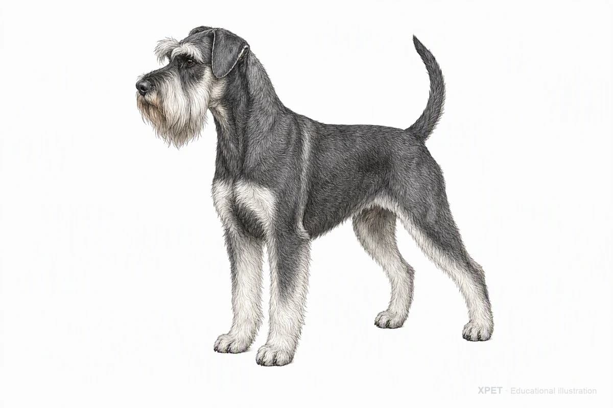 Original XPET engraving and watercolor illustration of Standard Schnauzer: a complete three-quarter standing view.