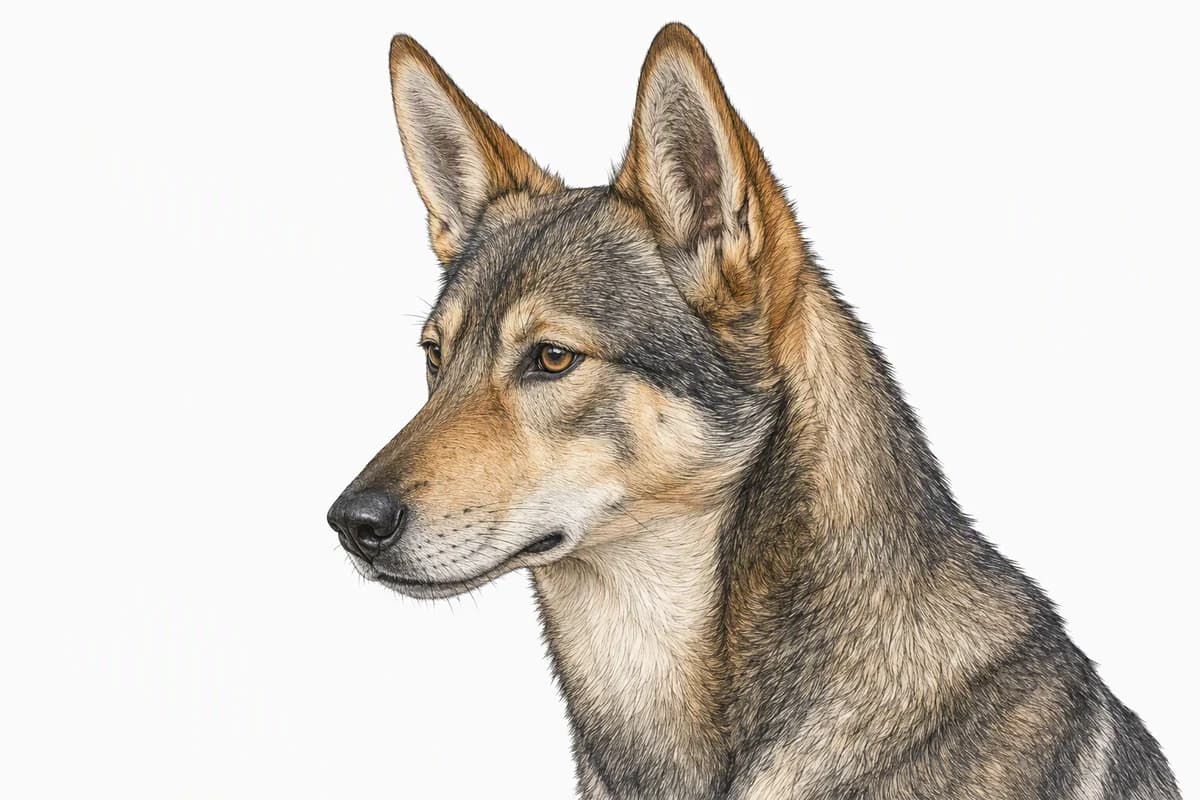Original XPET engraving and watercolor illustration of Sulimov Dog: a head and coat detail study.