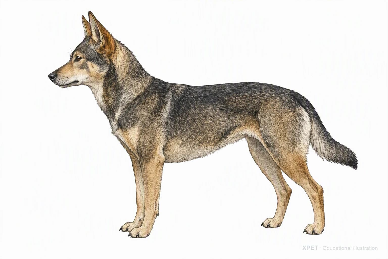Original XPET engraving and watercolor illustration of Sulimov Dog: an adult in left-facing profile.