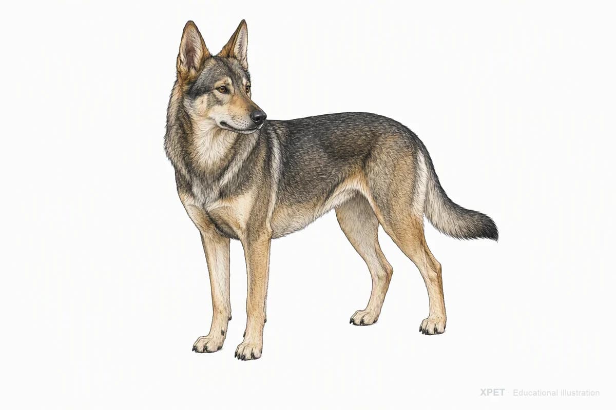 Original XPET engraving and watercolor illustration of Sulimov Dog: a complete three-quarter standing view.
