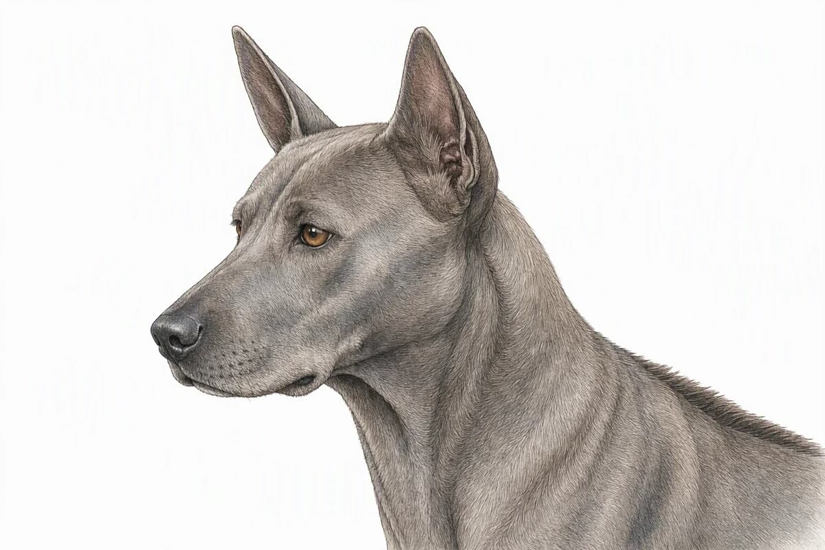 Original XPET engraving and watercolor illustration of Thai Ridgeback: a head and coat detail study.