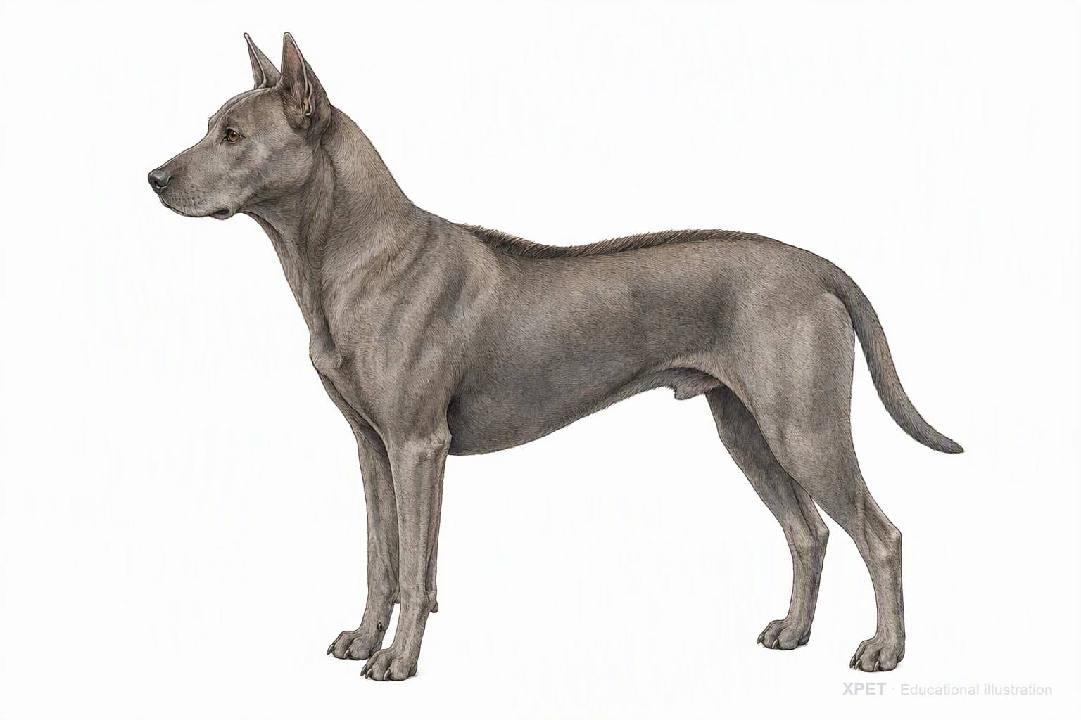 Original XPET engraving and watercolor illustration of Thai Ridgeback: an adult in left-facing profile.