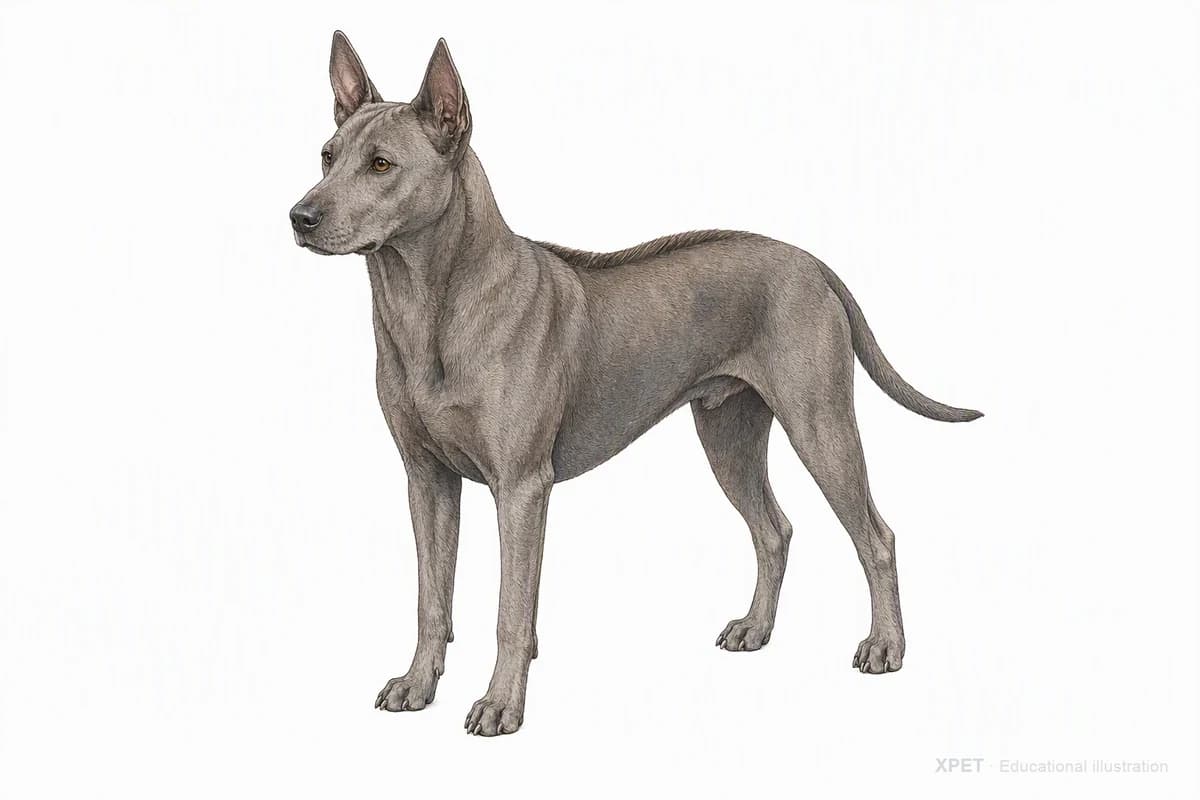 Original XPET engraving and watercolor illustration of Thai Ridgeback: a complete three-quarter standing view.