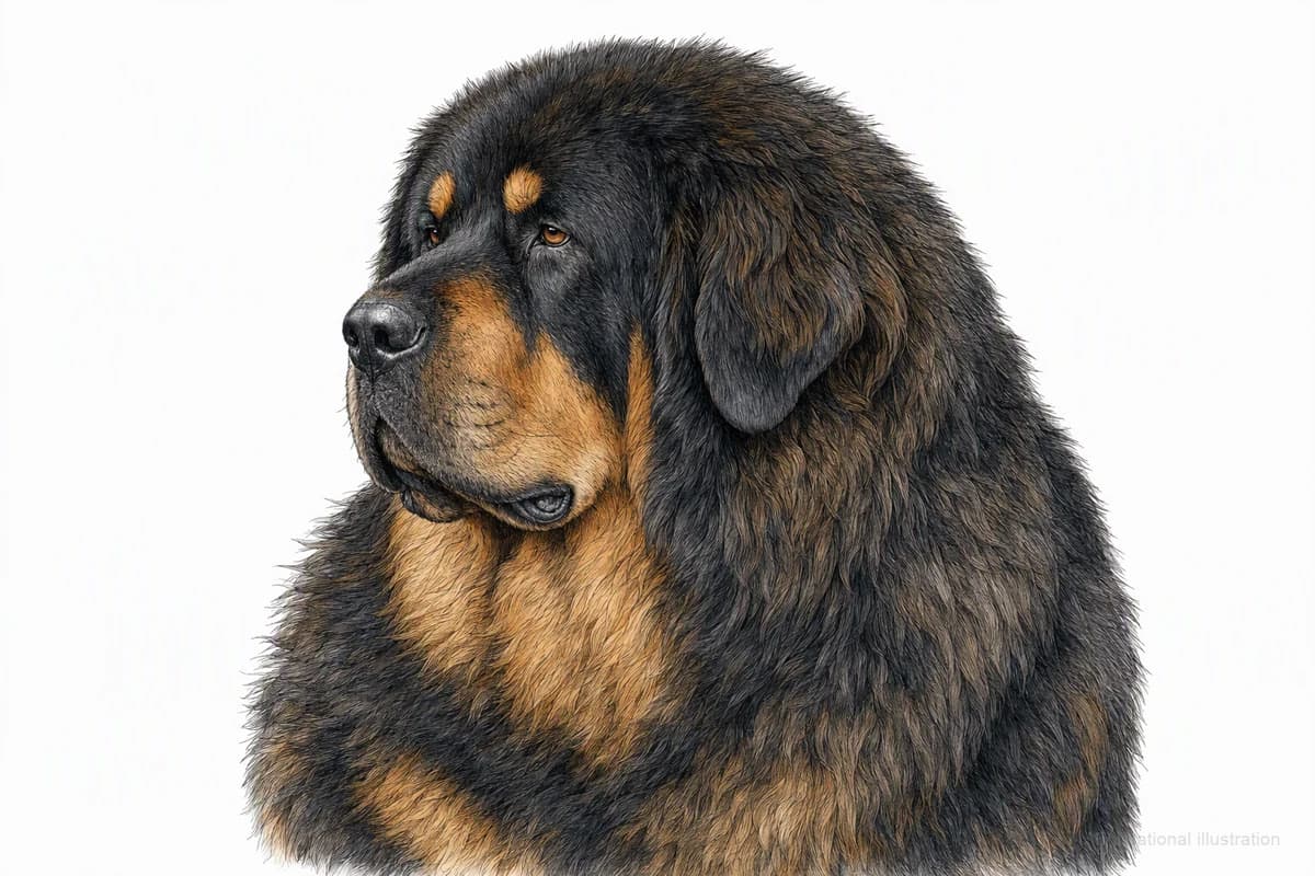 Original XPET engraving and watercolor illustration of Tibetan Mastiff: a head and coat detail study.